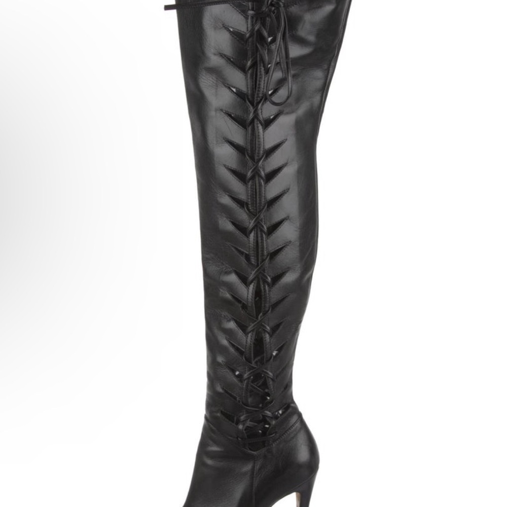 Manolo Blahnik Leather Boots With Heel Size 8 Black Over-the-Knee Boots